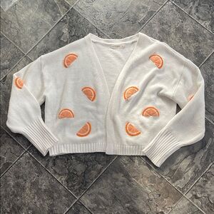 MOON & MADISON Orange & White Whimsical Fruit Open-Front Knit Appliqué Cardigan